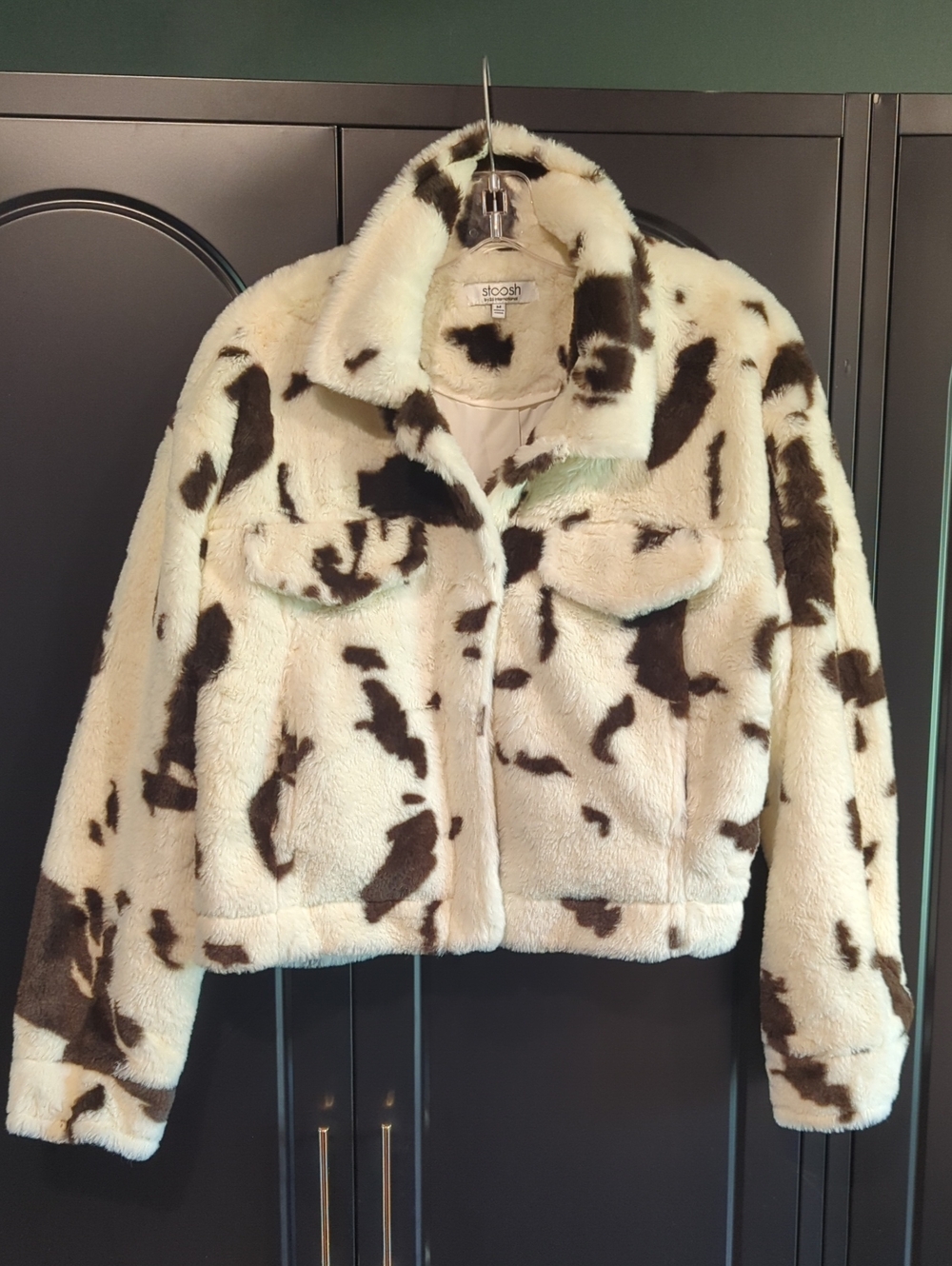 Stoosh Cream & Brown Cow-Print Teddy Jacket Size Medium